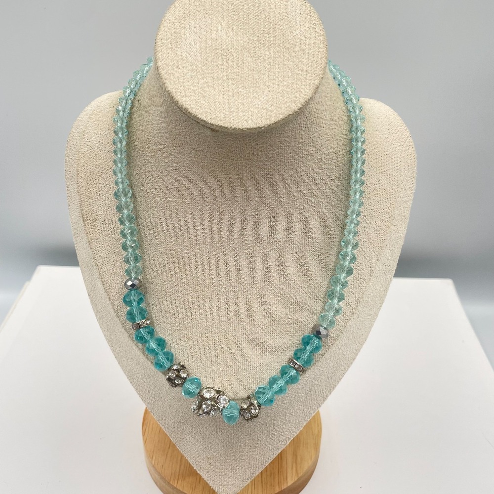 Vintage Aquamarine Blue Crystal Beaded Necklace Statement Sparkling Cluster 20"